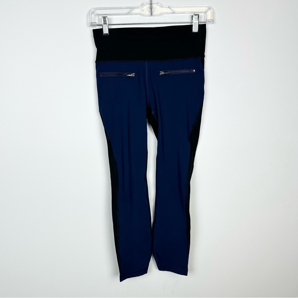 GAP Fit Sculpt Compression Blue Zipper Front Black Leggings Drawstring Waist